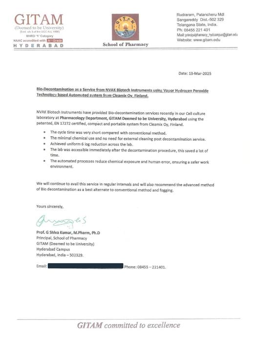 Feedback letter from GITAM (Deemed to be University)