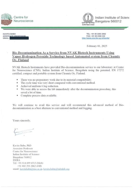 Feedback letter from Indian Institute of Science