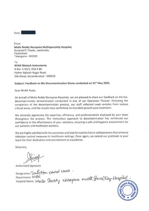 Feedback letter from Malla Reddy Narayana Hospital