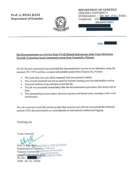 Feedback letter from Osmania University